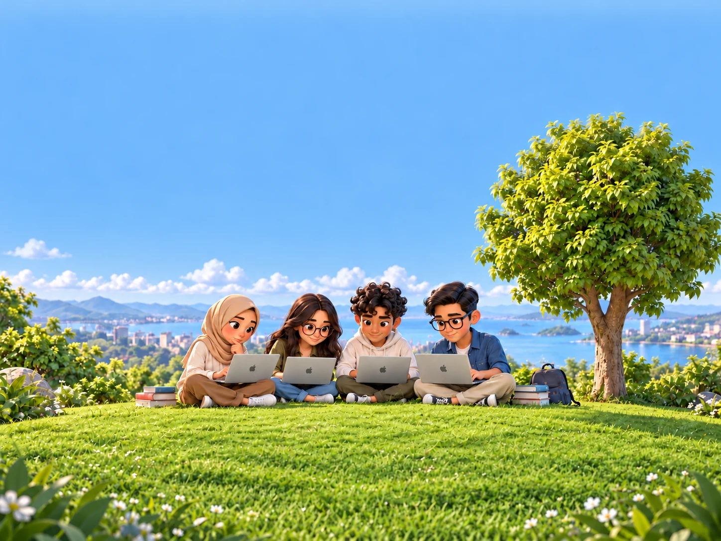 Four familiar Pyronyx learners sitting close together on the grass with their laptops