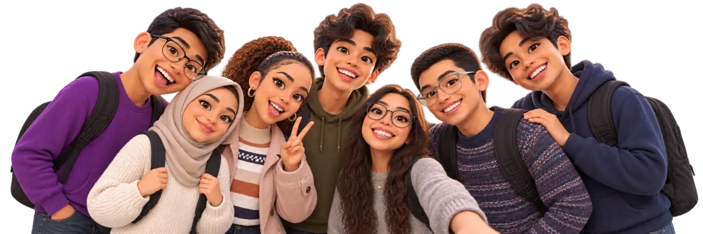 Seven cheerful cartoon friends with relaxed, varied poses