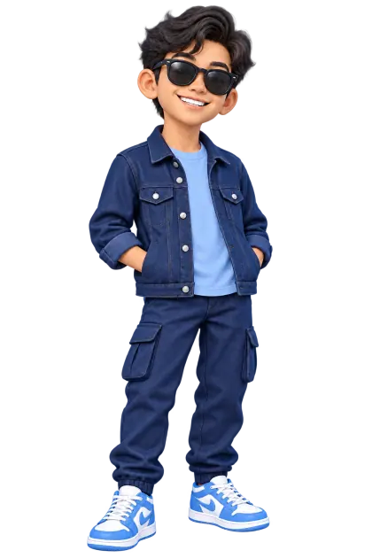 Cheerful cartoon student wearing a denim jacket and sunglasses