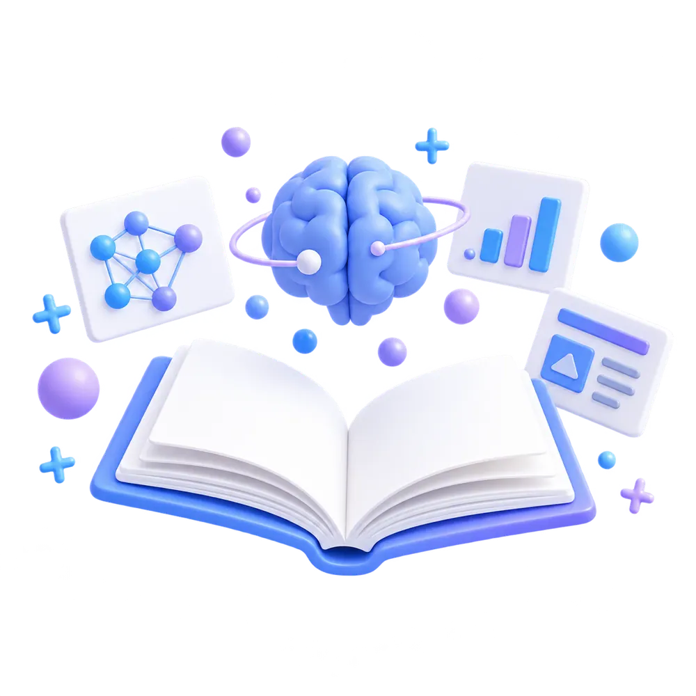 An open book with a floating brain and learning symbols